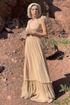 Buy_Swatee Singh_Beige Tulle V Neck Flared Pleated Gown _at_Aza_Fashions