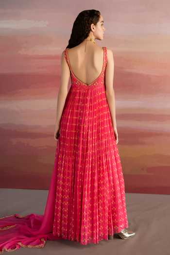 Women Dark-Pink Gold Print  Anarkali Kurta With Viscose Leggings & Net Dupatta
