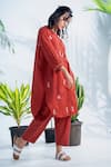 Pants and Pajamas_Red Cotton Embroidered Chikankari Round Band Claret Shirt Tunic And Pant Set _at_Aza_Fashions