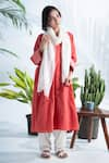 Pants and Pajamas_Red Hand Woven Cotton Embroidered Floral V Neck Aboli Kurta _Online_at_Aza_Fashions