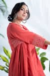 Pants And Pajamas_Red Handloom Cotton, Chanderi Embroidery V-neck Handwoven Kurta Set _at_Aza_Fashions