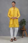 Buy_Eleven Brothers_Yellow Silk Embroidery Mirror Qurbot Bundi And Kurta Set _at_Aza_Fashions