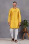 Shop_Eleven Brothers_Yellow Silk Embroidery Mirror Sleeve Kurta Set _at_Aza_Fashions