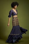 Shop_Surily G_Blue Bandhani Print, Bead Work V Neck Crop Top _at_Aza_Fashions