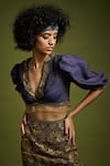 Surily G_Blue Bandhani Print, Bead Work V Neck Crop Top _Online_at_Aza_Fashions
