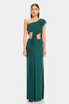 Buy_Gaurav Gupta_Green Sparkle Jersey Pre-draped One Shoulder Saree Gown_at_Aza_Fashions