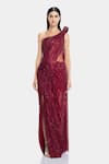 Buy_Gaurav Gupta_Red Tulle One Shoulder Sculpted Saree Gown_at_Aza_Fashions