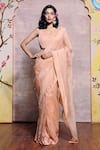 Buy_Shilpi Gupta_Peach Silk Organza Embroidery V Neck Patchwork Pre-draped Saree With Blouse _at_Aza_Fashions