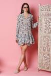 SAKSHI GIRRI_Blue Wrinkled Cotton Spread Collar Printed Shirt Dress_Online_at_Aza_Fashions