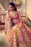 Shop_Sawan Gandhi_Multi Color Raw Silk V Neck Embroidered Bridal Lehenga Set  _at_Aza_Fashions