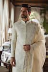 Buy_Sawan Gandhi_White Sherwani Chanderi Silk Stole Handloom Organza Embroidered With _at_Aza_Fashions