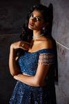 Shop_Seema Gujral_Blue Net Off Shoulder Blouse And Lehenga Set_at_Aza_Fashions