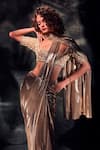 Shop_Deme X Kalki_Gold Lycra Embroidery Scallop Square Neck Pre-draped Saree With Blouse _at_Aza_Fashions