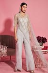 Shop_Label Sanya Gulati_Grey Net Jumpsuit With Embroidered Asymmetric Cape _at_Aza_Fashions