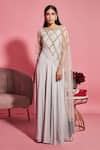 Buy_Label Sanya Gulati_Grey Net Gown With Embroidered Asymmetric Cape _at_Aza_Fashions