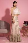Shop_Sanya Gulati_Pink Net Emrboidered One Shoulder Lehenga Set_at_Aza_Fashions