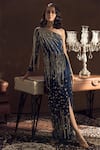 Buy_Label Sanya Gulati_Blue Net Hand Embroidered One Shoulder Gown_at_Aza_Fashions