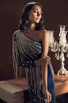 Shop_Label Sanya Gulati_Blue Net Hand Embroidered One Shoulder Gown_at_Aza_Fashions