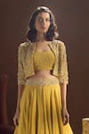 Shop_Label Sanya Gulati_Yellow Crepe Embroidered Jacket Lehenga Set_at_Aza_Fashions