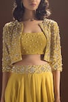 Label Sanya Gulati_Yellow Crepe Embroidered Jacket Lehenga Set_at_Aza_Fashions