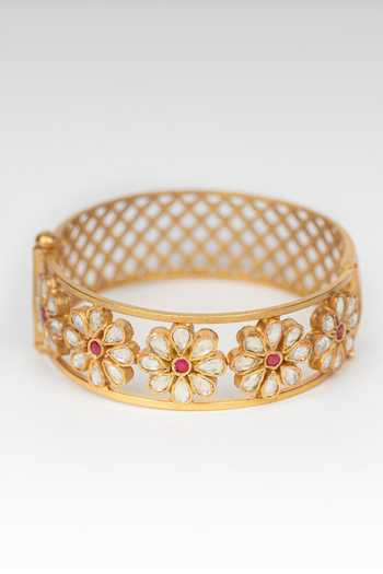 Shop_Osvag India_Gold Plated Crystals, Cut Work Floral Motif Embellished Bangle _at_Aza_Fashions