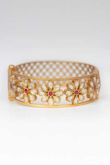 Osvag India_Gold Plated Crystals, Cut Work Floral Motif Embellished Bangle _Online_at_Aza_Fashions