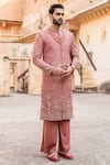 Soniya G_Red Silk Embroidered Sherwani Set _Online_at_Aza_Fashions