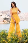 Buy_Soniya G_Yellow Organza Hand Embroidered Gota Patti High Neck Peplum Kurta And Sharara Set _at_Aza_Fashions