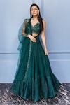 Shop_Label Sanya Gulati_Green Georgette V Neck Cutout Blouse Lehenga Set_at_Aza_Fashions