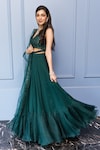 Label Sanya Gulati_Green Georgette V Neck Cutout Blouse Lehenga Set_Online_at_Aza_Fashions