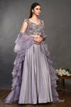 Onaya_Grey Organza Cutdana, Sequins, Moti V Neck Lehenga Set With Ruffle Dupatta_Online_at_Aza_Fashions