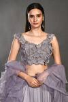 Shop_Onaya_Grey Organza Cutdana, Sequins, Moti V Neck Lehenga Set With Ruffle Dupatta_Online_at_Aza_Fashions