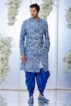 Buy_Seema Gujral_Blue Tissue Raw Silk Embroidered Floral Resham Work Sherwani Set _at_Aza_Fashions