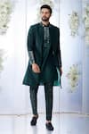 Buy_Seema Gujral_Green Raw Silk Embroidered Mirror Work Sherwani Set For Men_at_Aza_Fashions