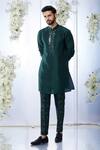 Seema Gujral_Green Raw Silk Embroidered Mirror Work Sherwani Set _Online_at_Aza_Fashions