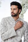 Seema Gujral_Grey Raw Silk Sequin Work Bandhgala Set_Online_at_Aza_Fashions