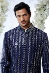 Shop_Seema Gujral_Blue Raw Silk Embroidered Mirror Work Sherwani Set _Online_at_Aza_Fashions