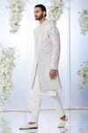 Seema Gujral_Grey Raw Silk Floral Applique Sherwani Set _Online_at_Aza_Fashions