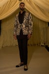 Shop_Seema Gujral_Black Giza Cotton Parsi Embroidered Tuxedo And Pant Set_Online_at_Aza_Fashions