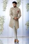 Buy_Seema Gujral_Gold Tissue Raw Silk Zari Work Sherwani Set_at_Aza_Fashions