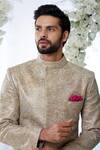 Buy_Seema Gujral_Gold Tissue Raw Silk Zari Work Sherwani Set_Online_at_Aza_Fashions