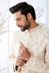 Seema Gujral_Pink Raw Silk Embroidered Floral Gota Sherwani Set _Online_at_Aza_Fashions