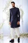 Buy_Seema Gujral_Blue Raw Silk Embroidered Floral Aari Work Sherwani Set _at_Aza_Fashions