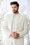 Shop_Seema Gujral_Silver Raw Silk Embroidered Gota Patti Work Front Open Sherwani Set _Online_at_Aza_Fashions