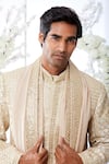 Buy_Seema Gujral_Beige Raw Silk Embroidered Gota Patti Work Sherwani Set _Online_at_Aza_Fashions