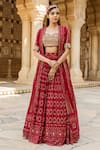 Buy_Soniya G_Red Lucknowi Chikankari Embroidery Square Neck Cape Lehenga Set _at_Aza_Fashions