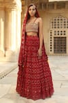 Soniya G_Red Lucknowi Chikankari Embroidery Square Neck Lehenga Set _Online_at_Aza_Fashions