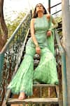 Shop_Surbhi Gupta_Green Net, Georgette Round Embroidered Kurta And Sharara Set _at_Aza_Fashions