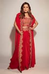 Buy_Rishi and Soujit_Red Silk Cotton Embroidered Floral Cape Open Pleated And Skirt Set  _at_Aza_Fashions