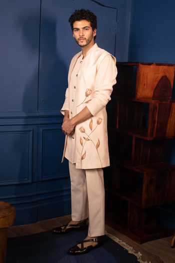 Shop_Contrast By Parth_Peach Pure Silk Jacket And Pant Set _at_Aza_Fashions